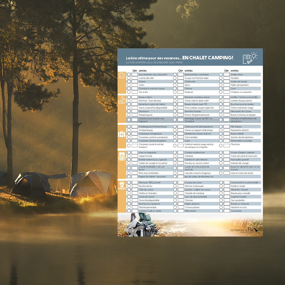 Liste imprimable pour le camping et le chalet – checklist à cocher pour préparer ses bagages