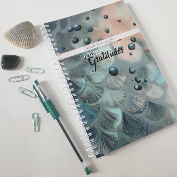 Carnet de gratitude Papeterie Nadine Blanchette avec accessoires de bureau verts pastel sur une surface blanche.